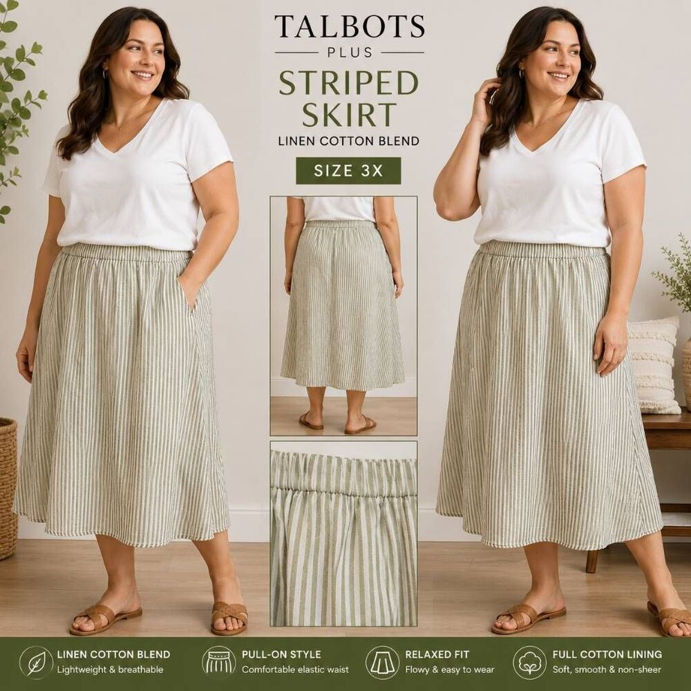 Talbots Plus Women’s 3X Green White Stripe Linen Cotton Midi Skirt Pull On